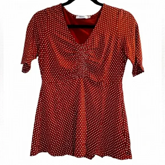 Sale RICKI'S Women's Blouse Size S Orange White Polka Dots 3/4 Length Sleeves - Picture 2 of 11